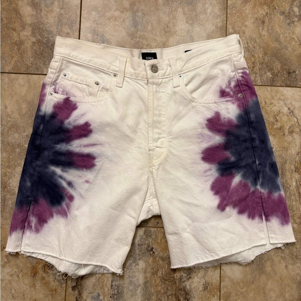 Edwin Cai Short Size 28 Womens 7" Inseam Sunset White Purple Denim Tie Dye
